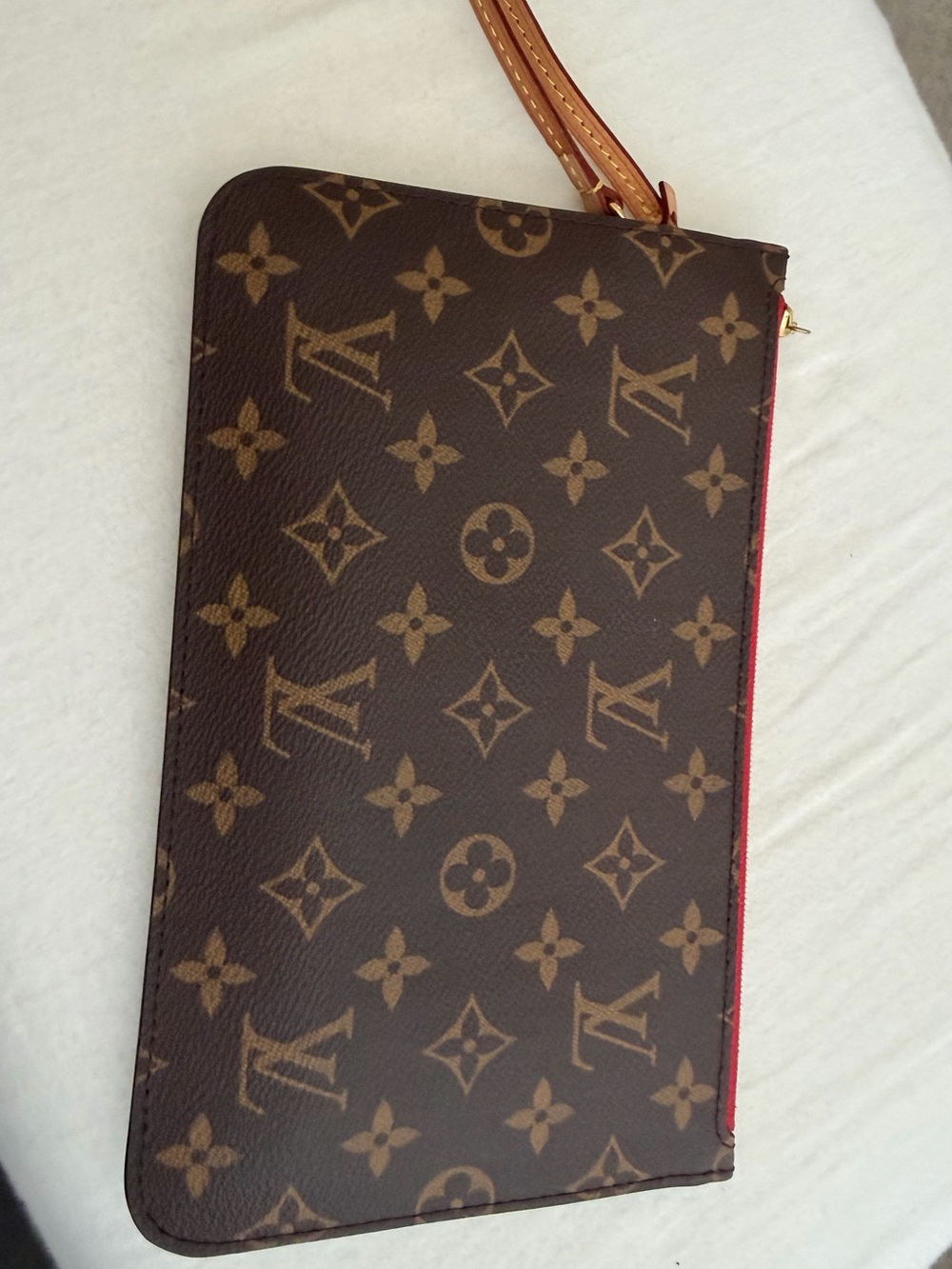 Louis Vuitton Brown Monogram Zip Wristlet with Tan Strap